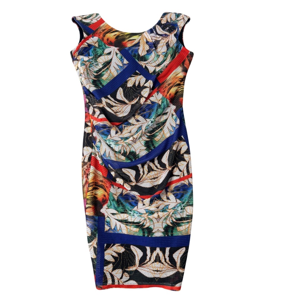 Joseph Ribkoff Tropical Mesh Sheath Dress Womens 8 Abstract‎ Ruched Colorful